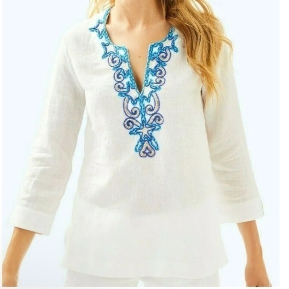 Lilly Pulitzer Amelia Island White Embroidered 3/4 Sleeve Linen Top